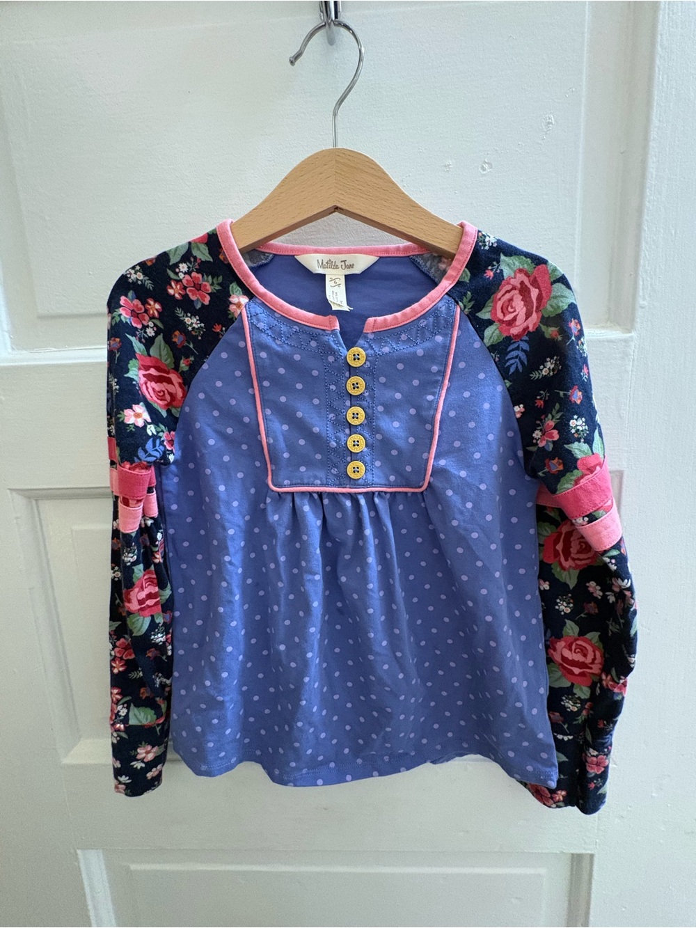Matilda Jane Purple Dot Front-Button Floral Raglan Top with Pink Trim